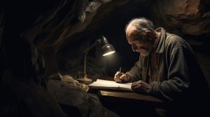 man writing a manuscript in a dark cave